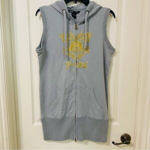 Hale Bob Womens Hooded Full Zip Vest Gray with Gold Embroidered Crest Size L Y2K